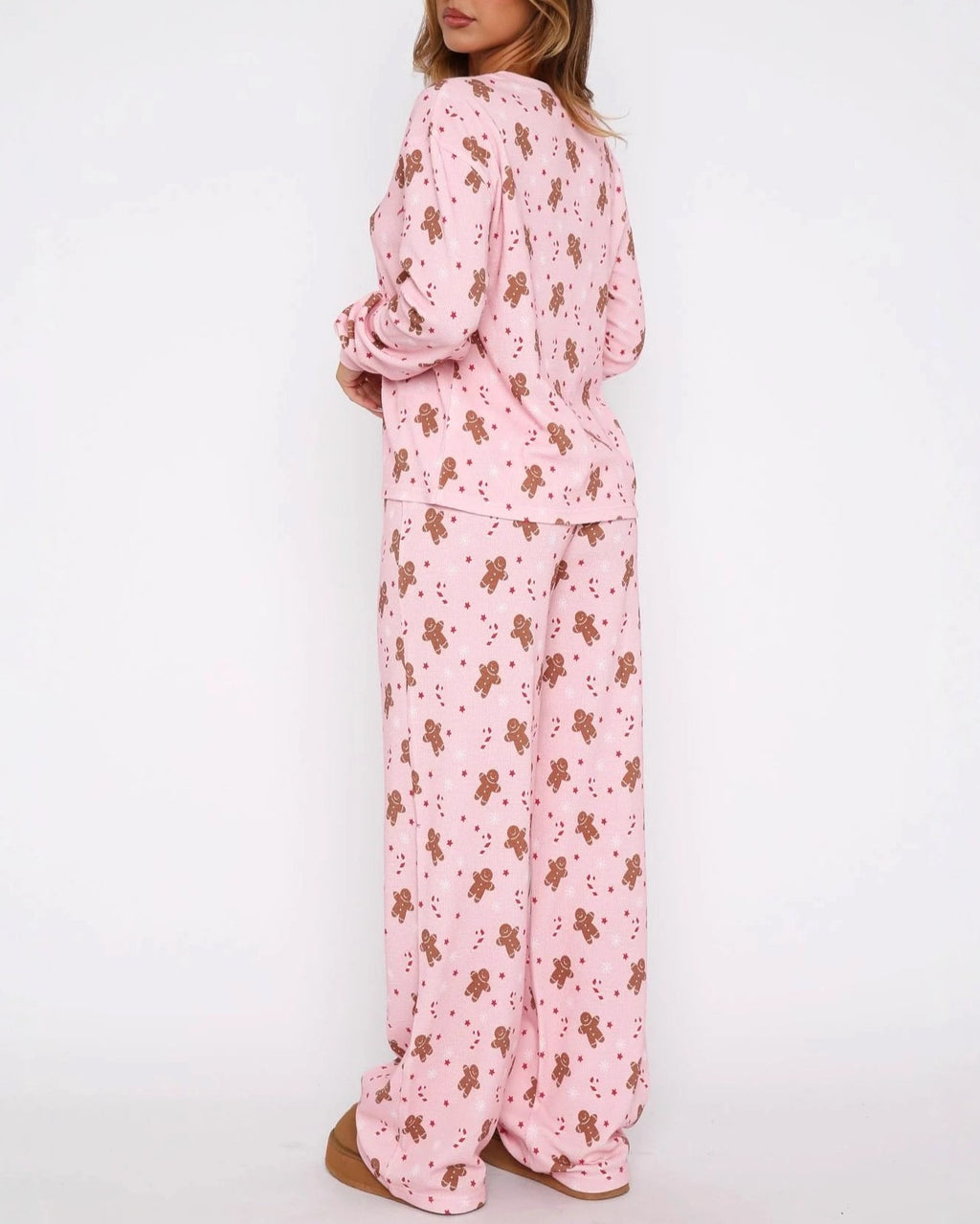Gingerbread Cookie Print Wide Leg Pajama Set - Pink - 3