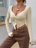 Ruched Bust Split Hem Rib Knit Top - Apricot