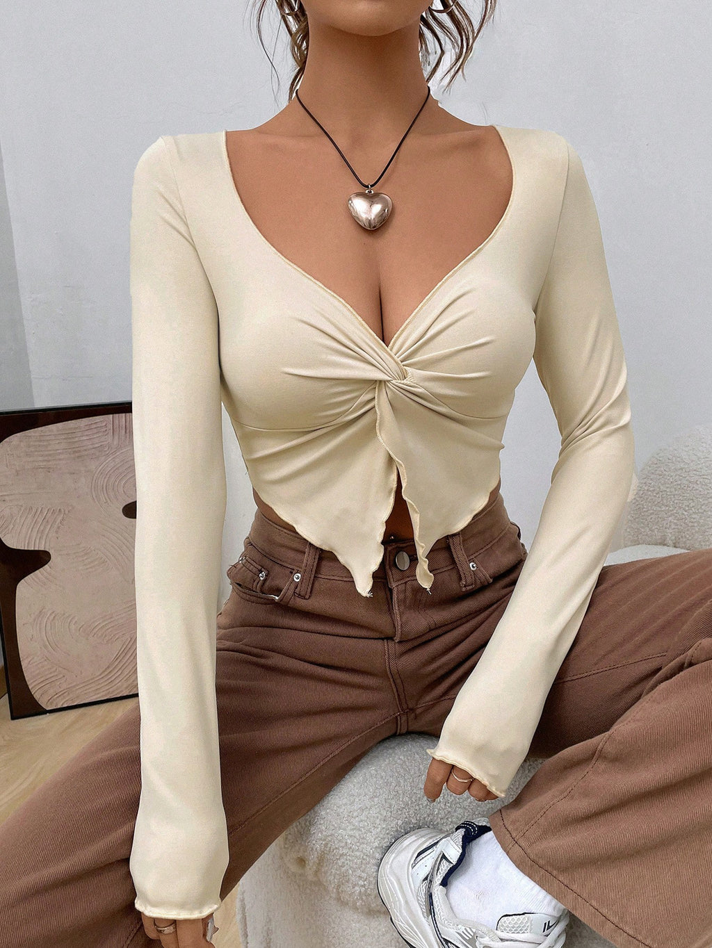 Ruched Bust Split Hem Rib Knit Top - Apricot - 1