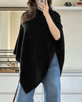 Asymmetric Draped Knit Cape Poncho Sweater - Black