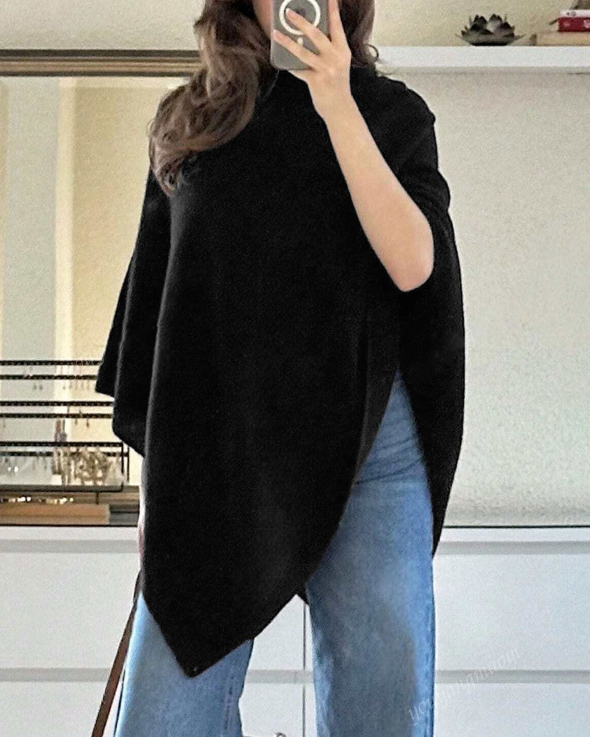 Asymmetric Draped Knit Cape Poncho Sweater - Black