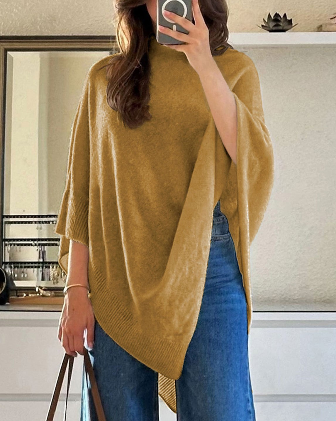 Asymmetric Draped Knit Cape Poncho Sweater - Camel