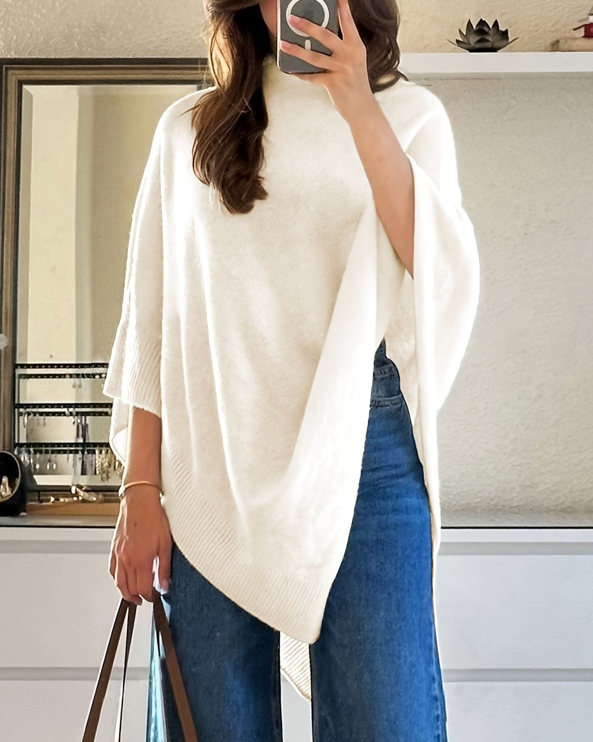 Asymmetric Draped Knit Cape Poncho Sweater - Ivory
