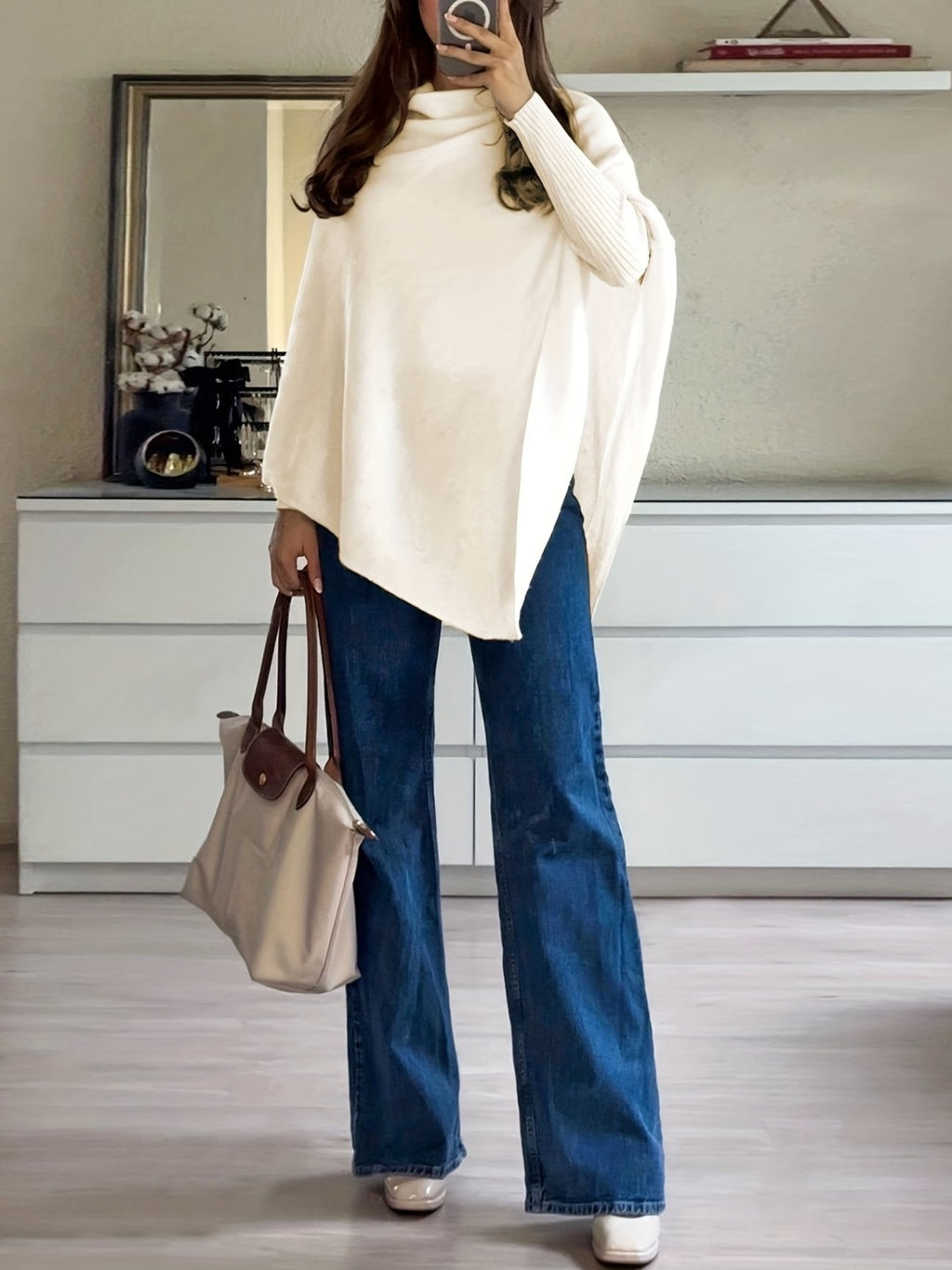 Asymmetric Draped Knit Cape Poncho Sweater - Ivory - 1