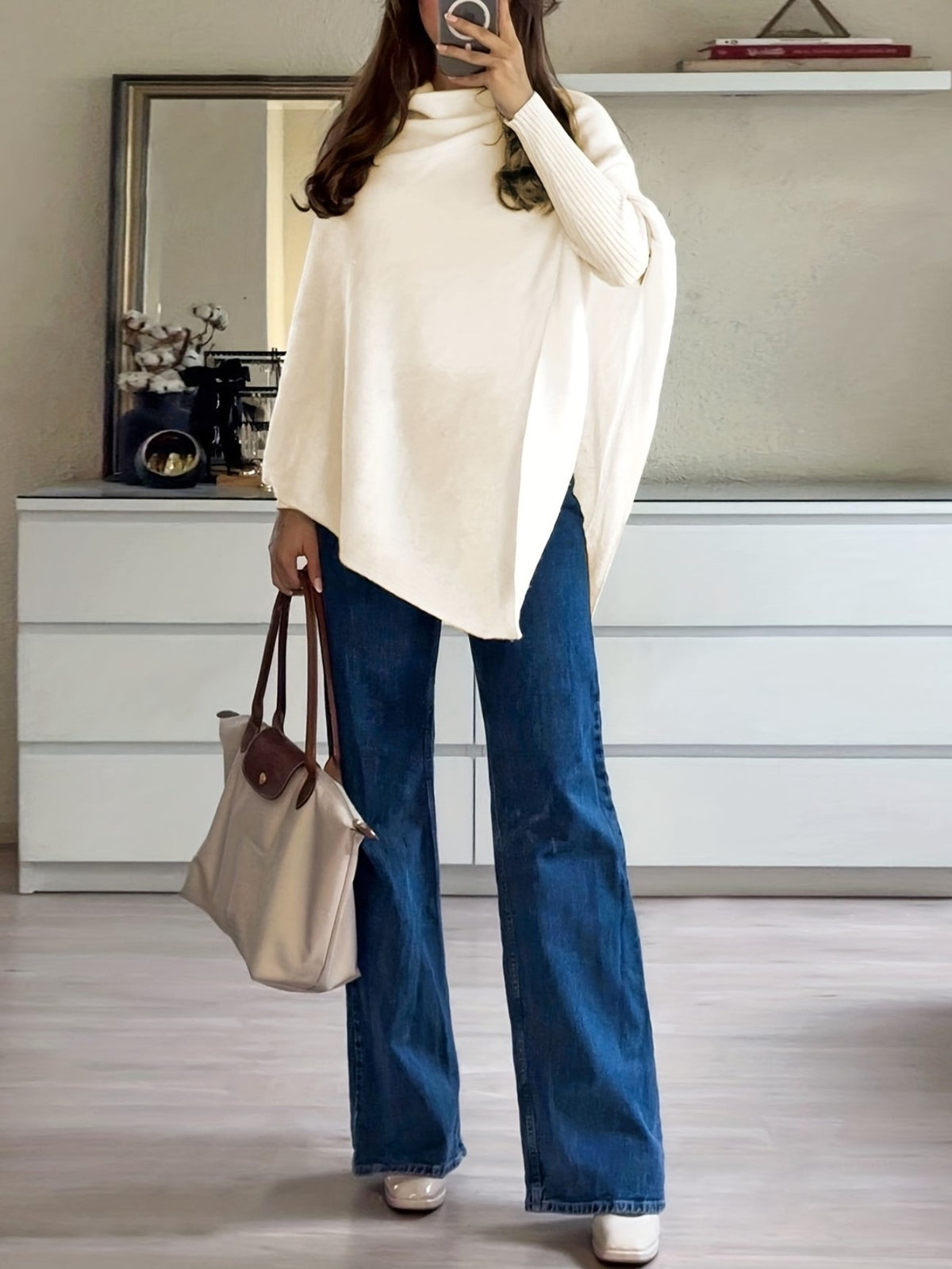 Asymmetric Draped Knit Cape Poncho Sweater - Ivory - 1