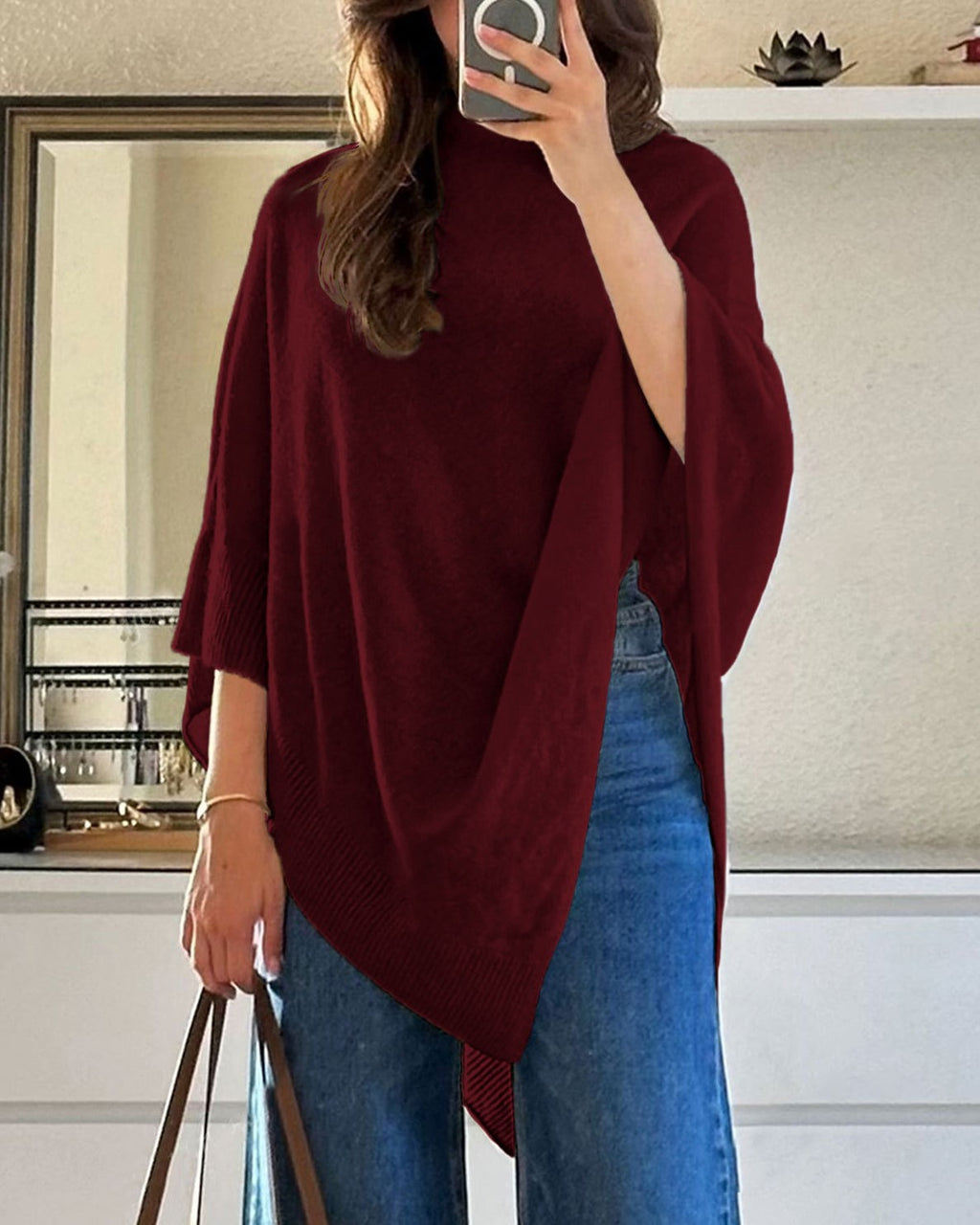 Asymmetric Draped Knit Cape Poncho Sweater - WineRed