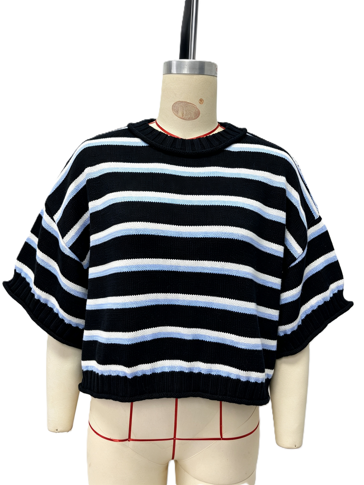 Striped Knit Sweater With Boxy Half Sleeves - Black