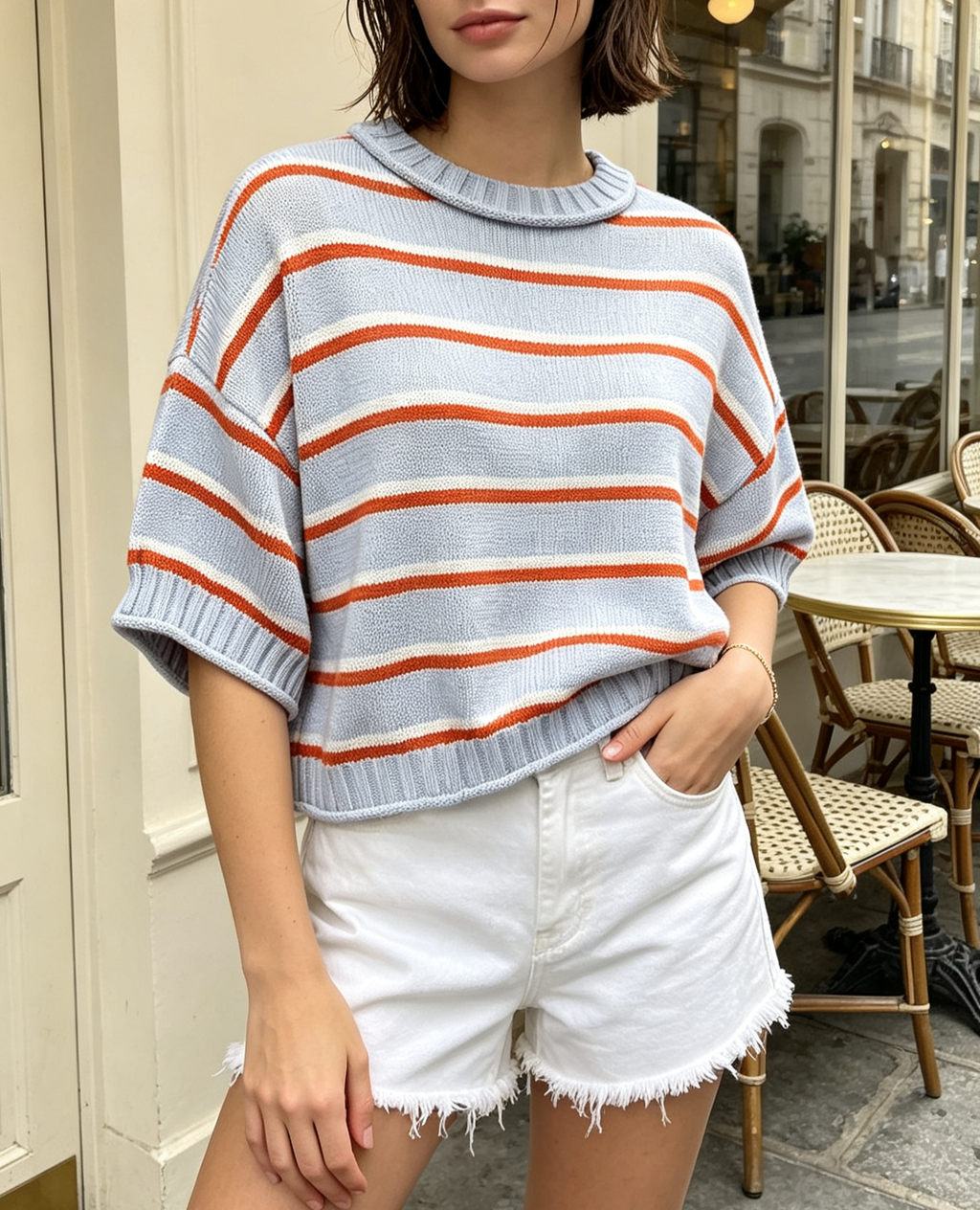 Striped Knit Sweater With Boxy Half Sleeves - Blue