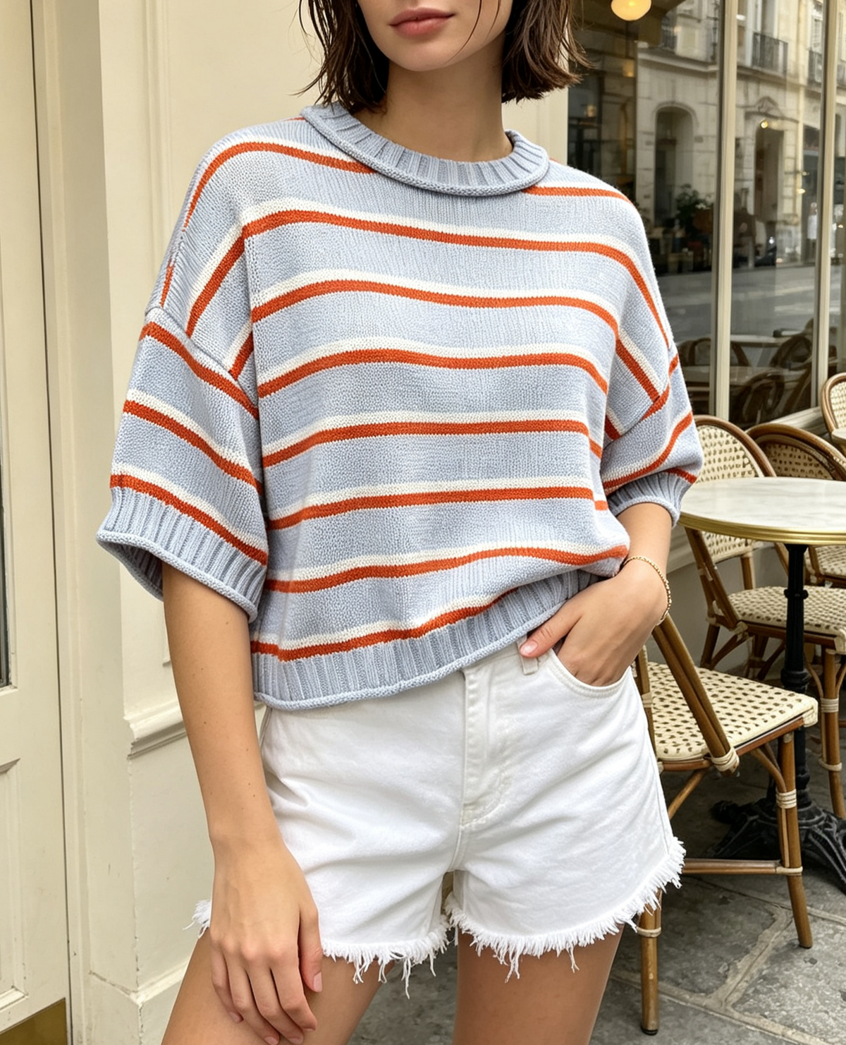 Striped Knit Sweater With Boxy Half Sleeves - Blue