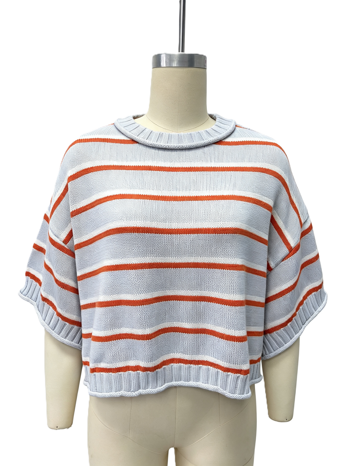 Striped Knit Sweater With Boxy Half Sleeves - Blue - 1