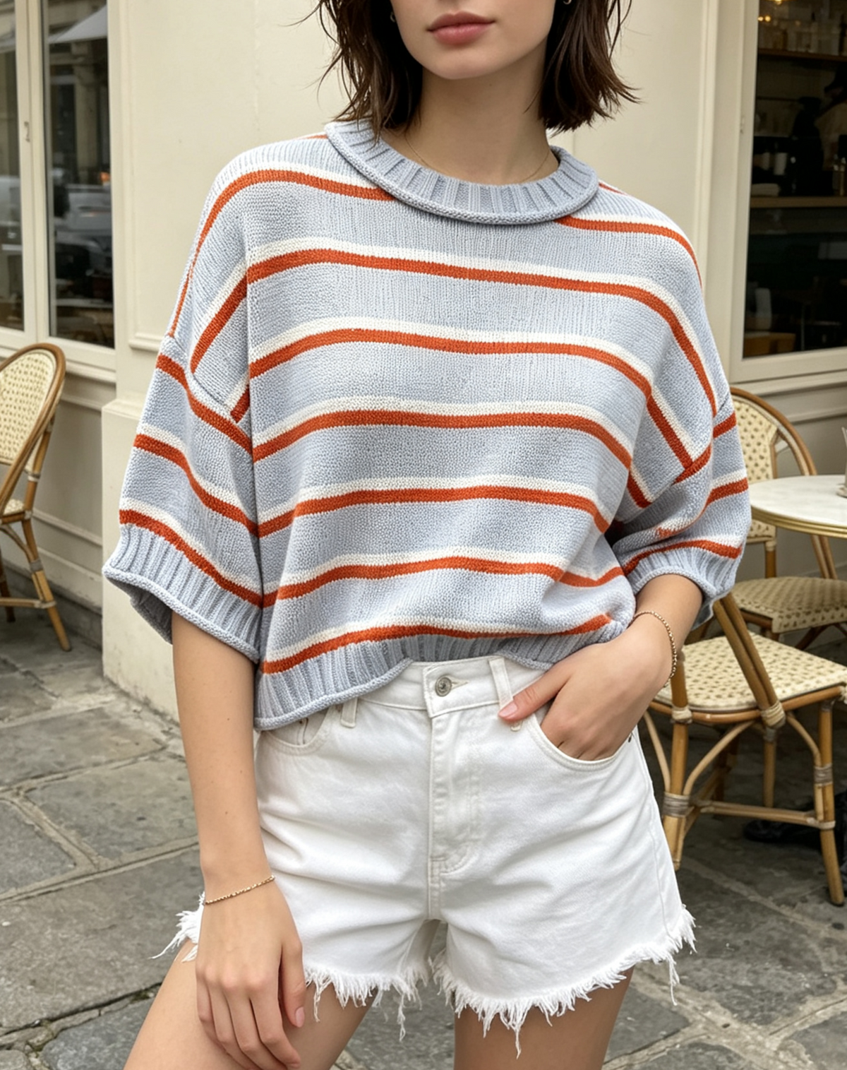 Striped Knit Sweater With Boxy Half Sleeves - Blue - 2