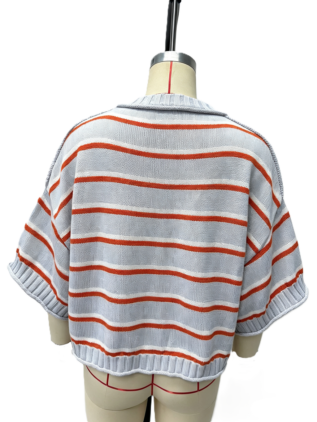 Striped Knit Sweater With Boxy Half Sleeves - Blue - 3