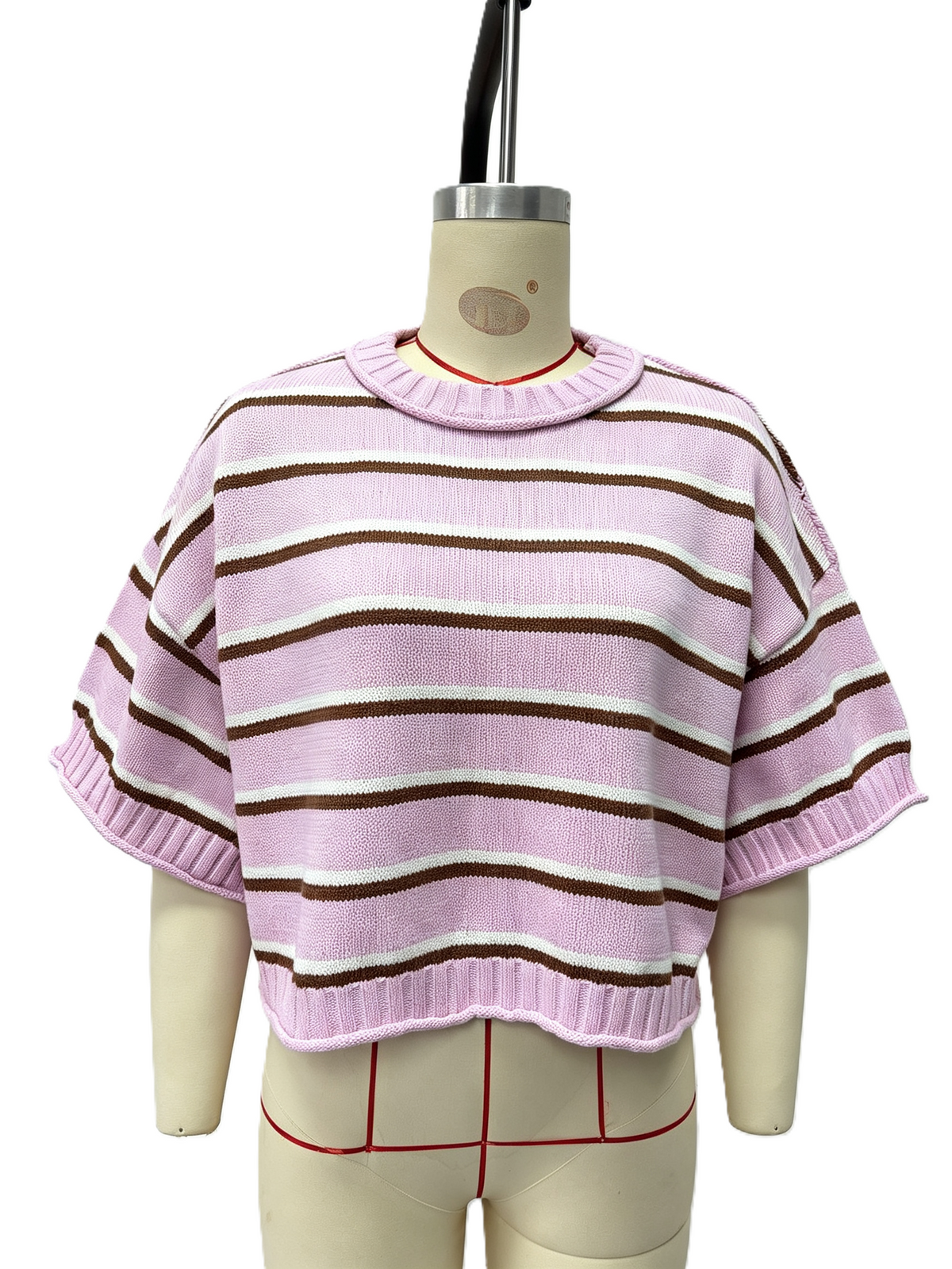 Striped Knit Sweater With Boxy Half Sleeves - Pink