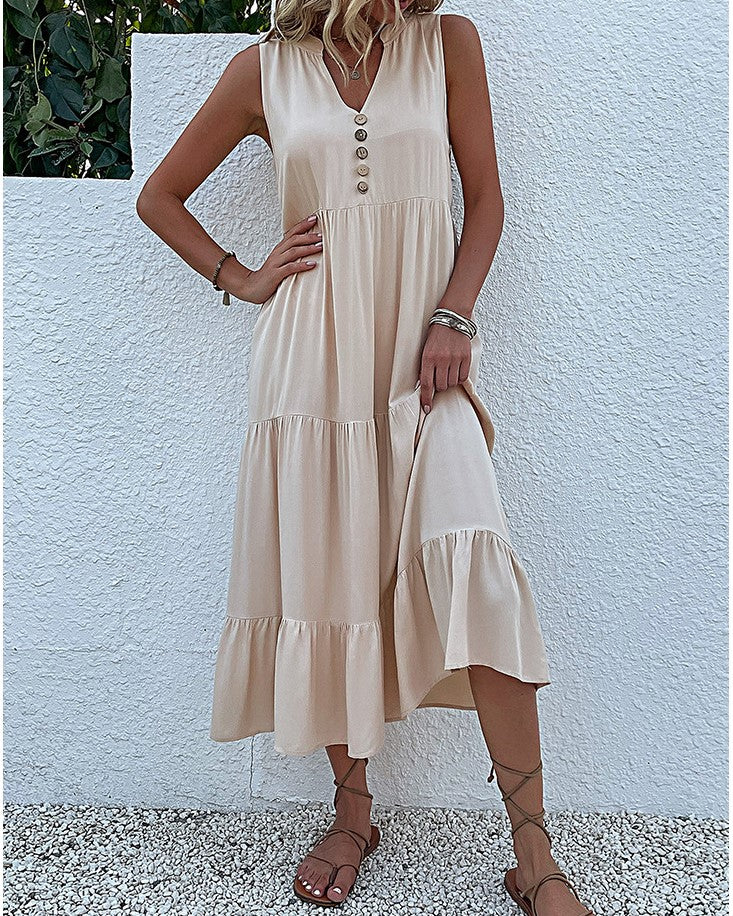 Button Placket Tiered Sleeveless Maxi Sundress - Apricot