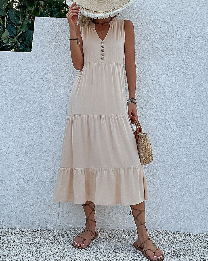 Button Placket Tiered Sleeveless Maxi Sundress - Apricot - 1