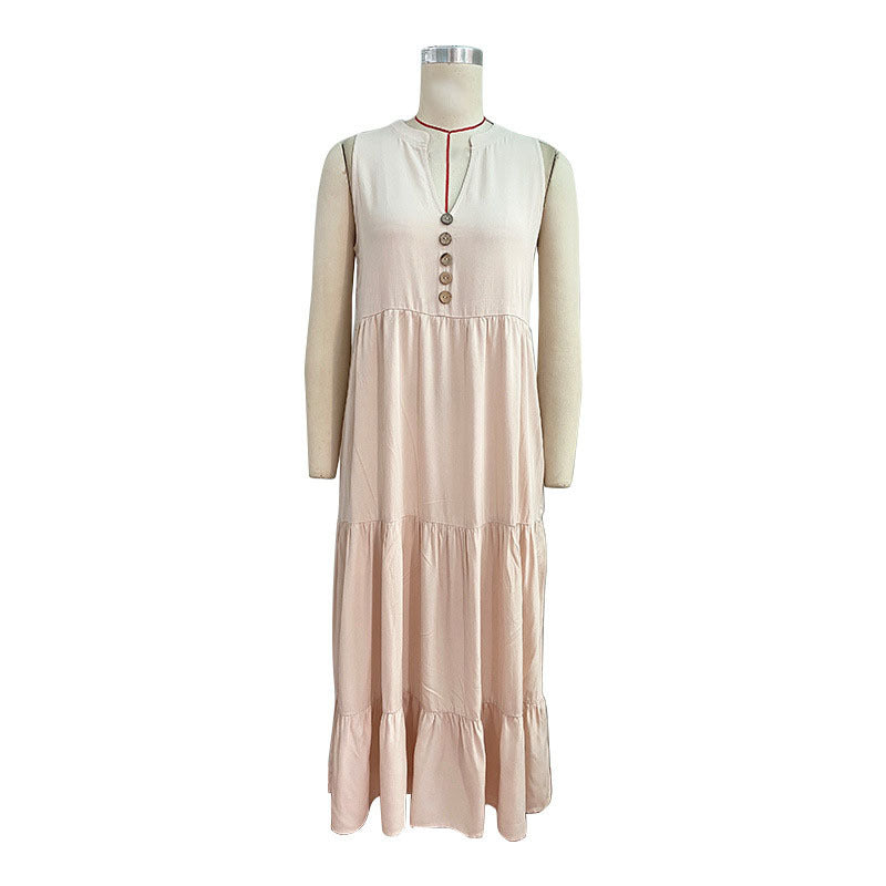 Button Placket Tiered Sleeveless Maxi Sundress - Apricot - 2