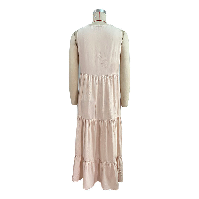 Button Placket Tiered Sleeveless Maxi Sundress - Apricot - 3