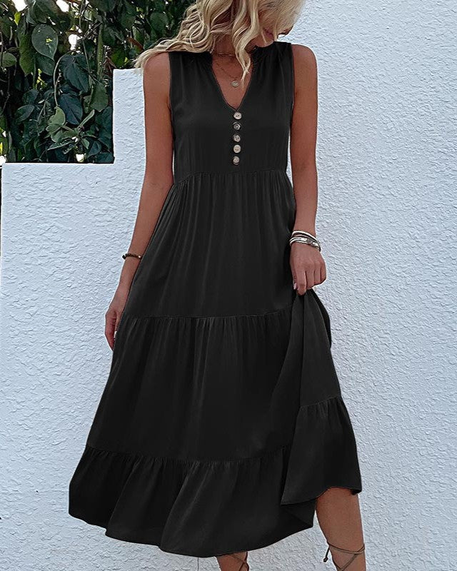 Button Placket Tiered Sleeveless Maxi Sundress - Black