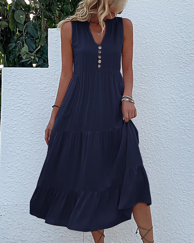 Button Placket Tiered Sleeveless Maxi Sundress - Dark Blue