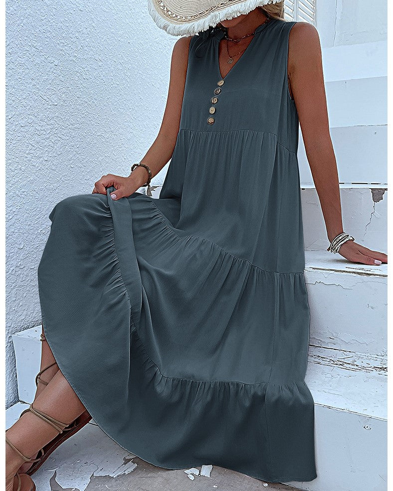 Button Placket Tiered Sleeveless Maxi Sundress - Dark Gray - 1