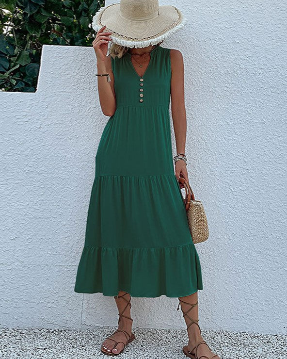 Button Placket Tiered Sleeveless Maxi Sundress - Dark Green