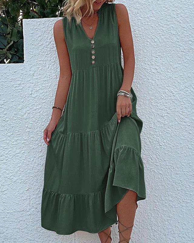 Button Placket Tiered Sleeveless Maxi Sundress - Green