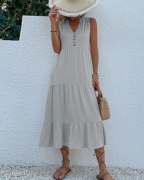 Button Placket Tiered Sleeveless Maxi Sundress - Grey