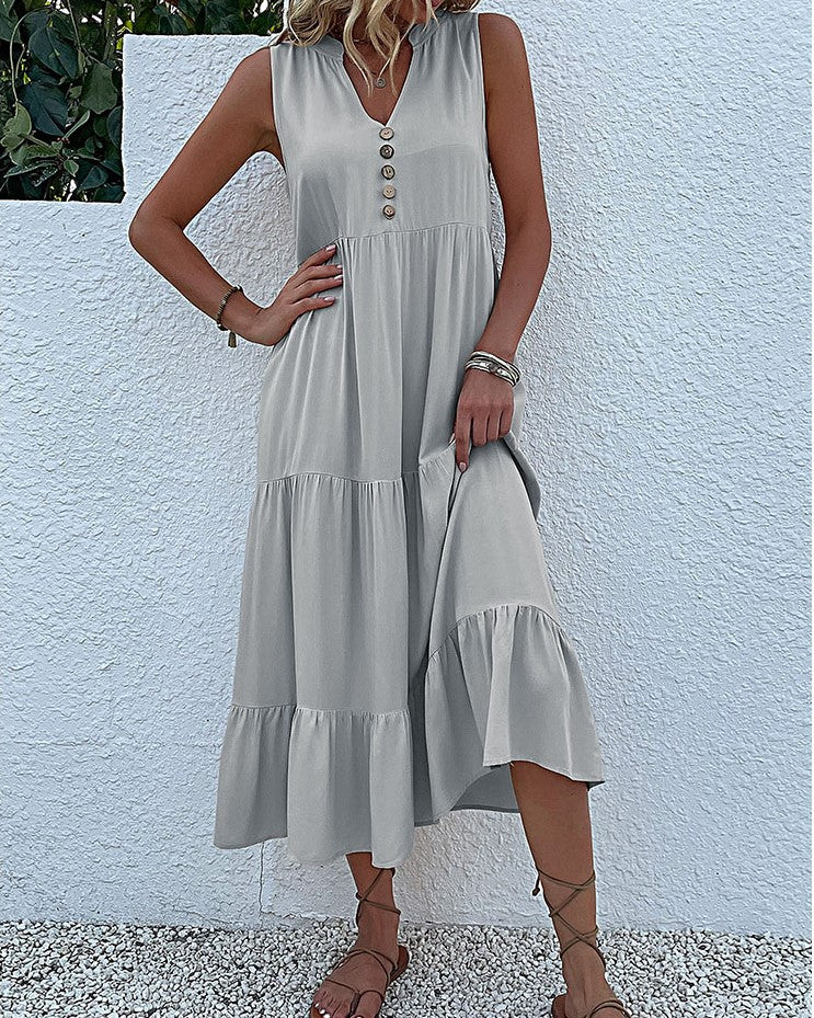 Button Placket Tiered Sleeveless Maxi Sundress - Grey - 1