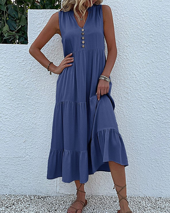 Button Placket Tiered Sleeveless Maxi Sundress - Haze Blue