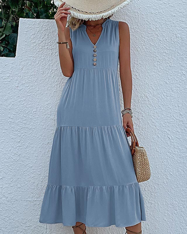 Button Placket Tiered Sleeveless Maxi Sundress - Light Blue