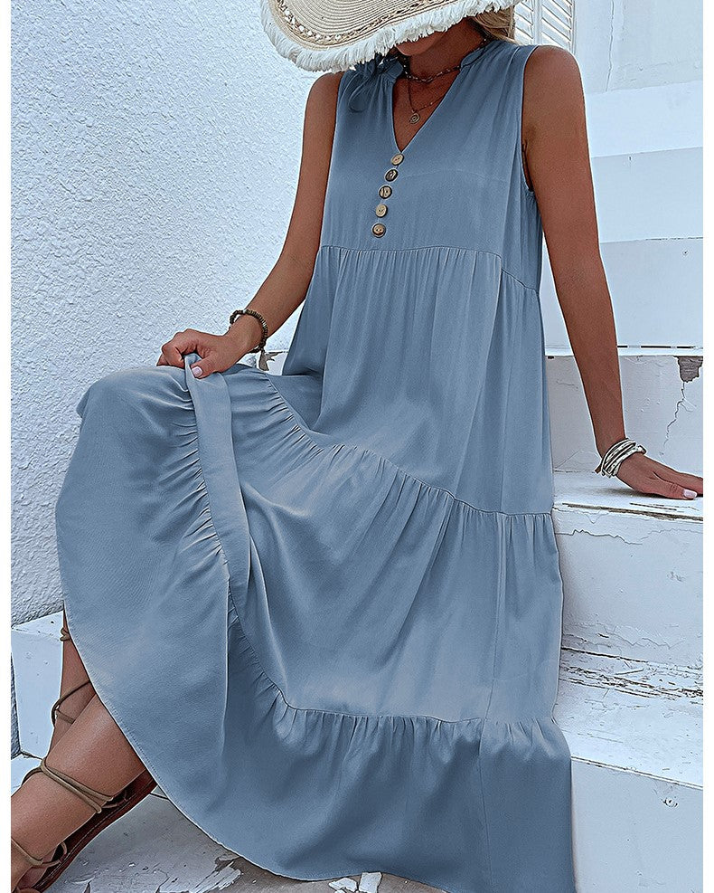 Button Placket Tiered Sleeveless Maxi Sundress - Light Blue - 1