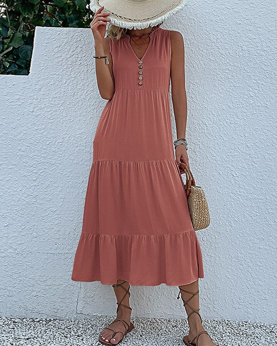 Button Placket Tiered Sleeveless Maxi Sundress - Mahogany