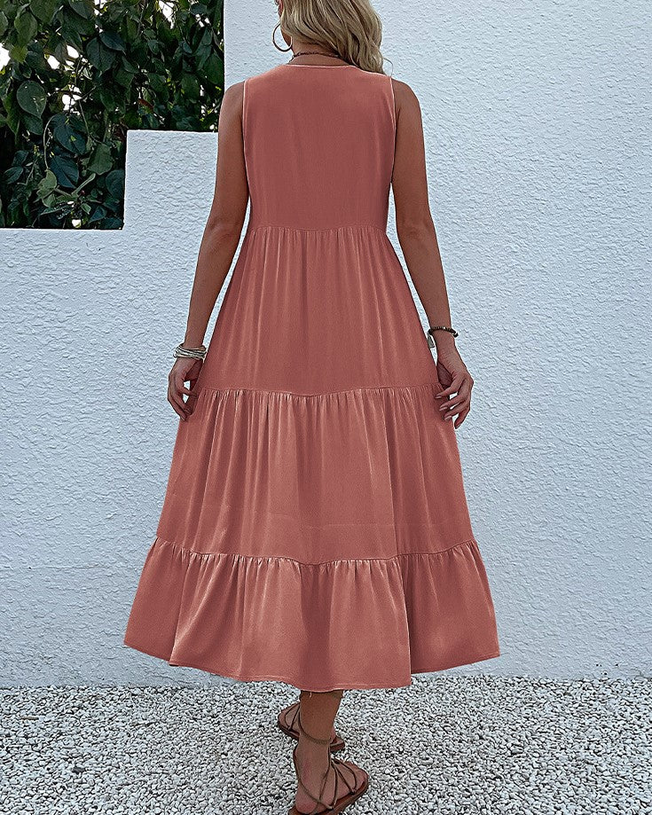 Button Placket Tiered Sleeveless Maxi Sundress - Mahogany - 1