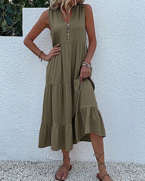 Button Placket Tiered Sleeveless Maxi Sundress - Military Green
