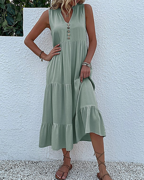 Button Placket Tiered Sleeveless Maxi Sundress - Mint Green