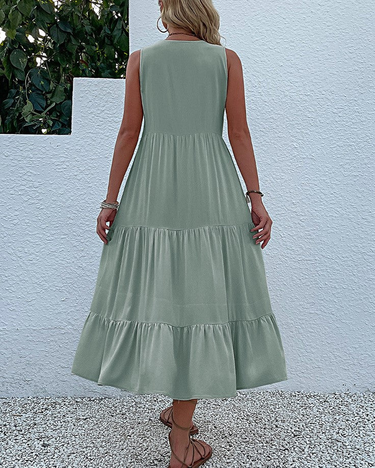 Button Placket Tiered Sleeveless Maxi Sundress - Mint Green - 1