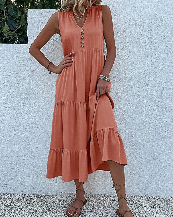 Button Placket Tiered Sleeveless Maxi Sundress - Orange