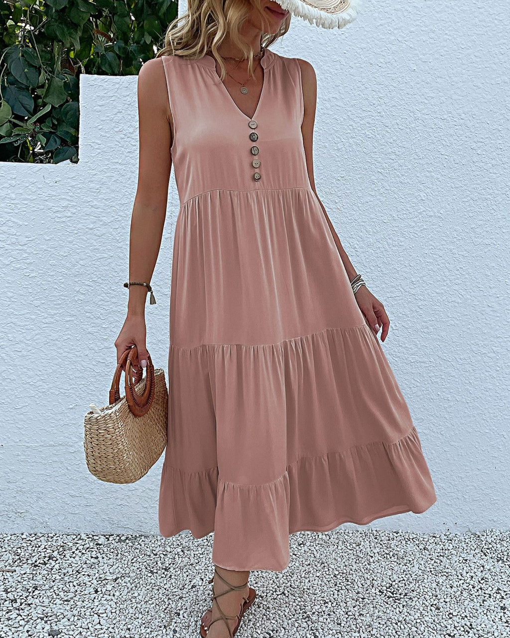 Button Placket Tiered Sleeveless Maxi Sundress - Pink