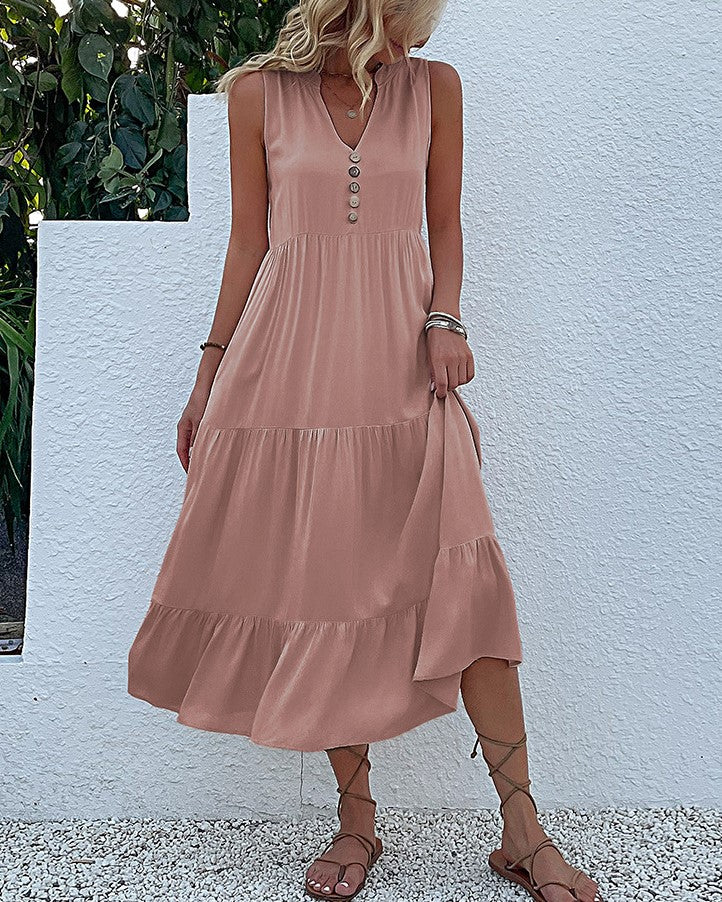 Button Placket Tiered Sleeveless Maxi Sundress - Pink - 1