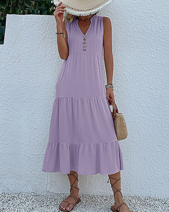 Button Placket Tiered Sleeveless Maxi Sundress - Purple