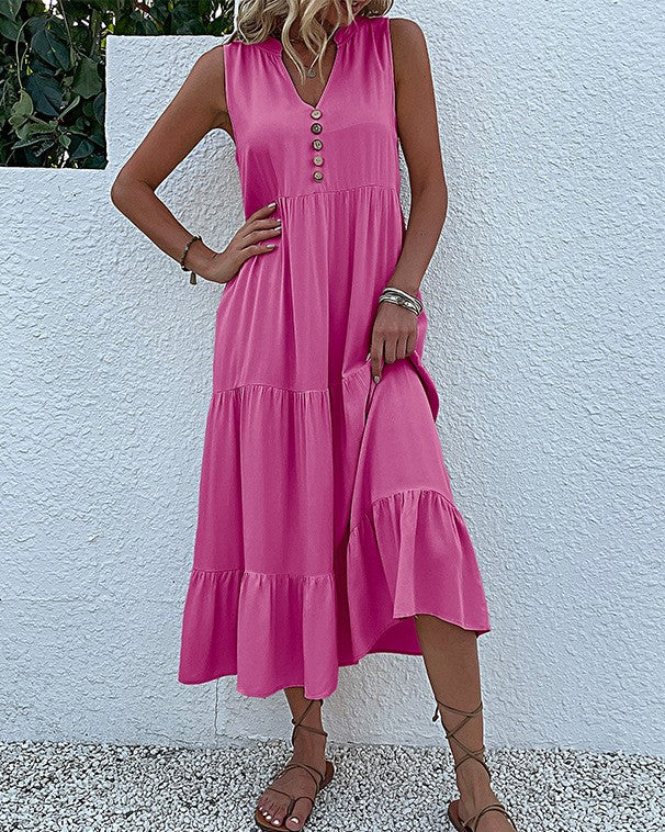 Button Placket Tiered Sleeveless Maxi Sundress - Rose Red