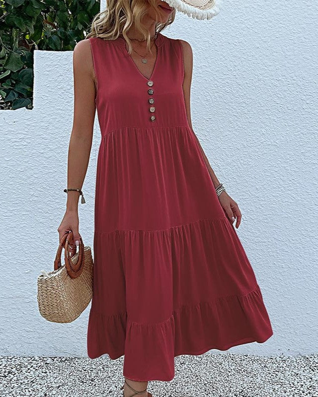 Button Placket Tiered Sleeveless Maxi Sundress - Wine Red