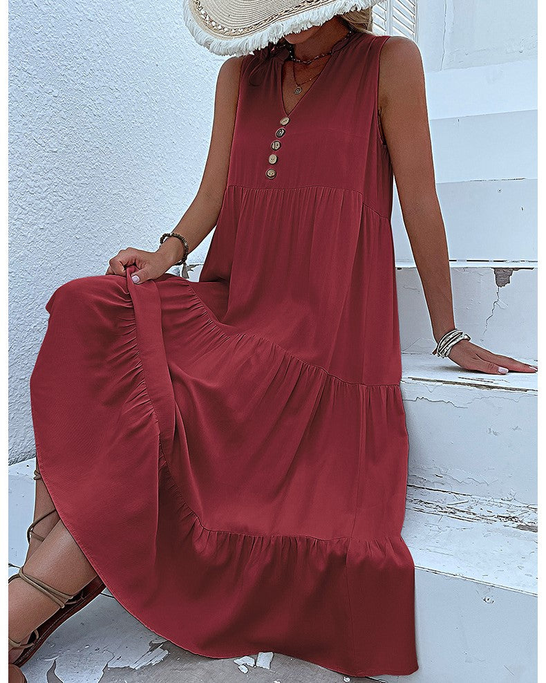 Button Placket Tiered Sleeveless Maxi Sundress - Wine Red - 1