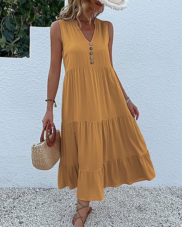 Button Placket Tiered Sleeveless Maxi Sundress - Yellow