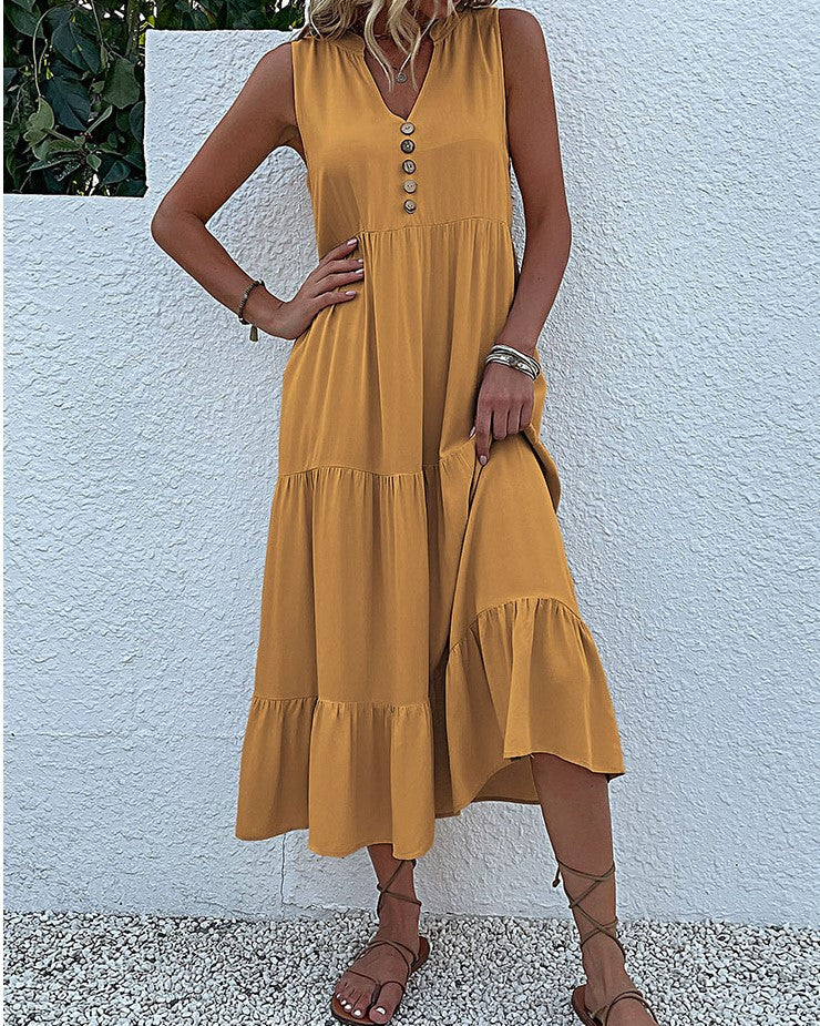 Button Placket Tiered Sleeveless Maxi Sundress - Yellow - 1