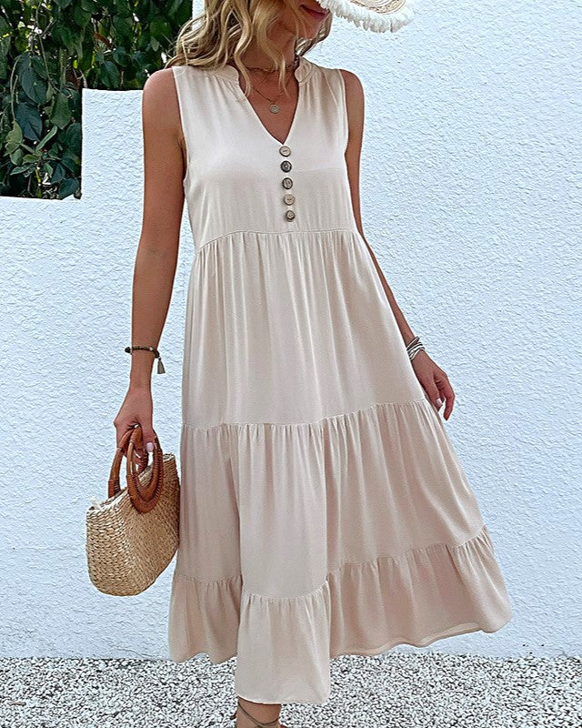 Button Placket Tiered Sleeveless Maxi Sundress
