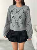 Bow Lattice Argyle Knit Sweater - Grey