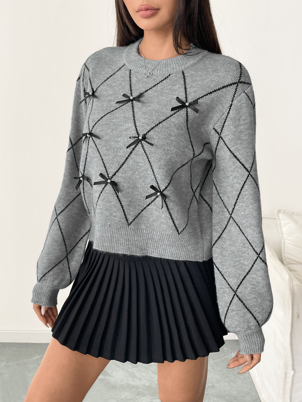 Bow Lattice Argyle Knit Sweater - Grey - 1