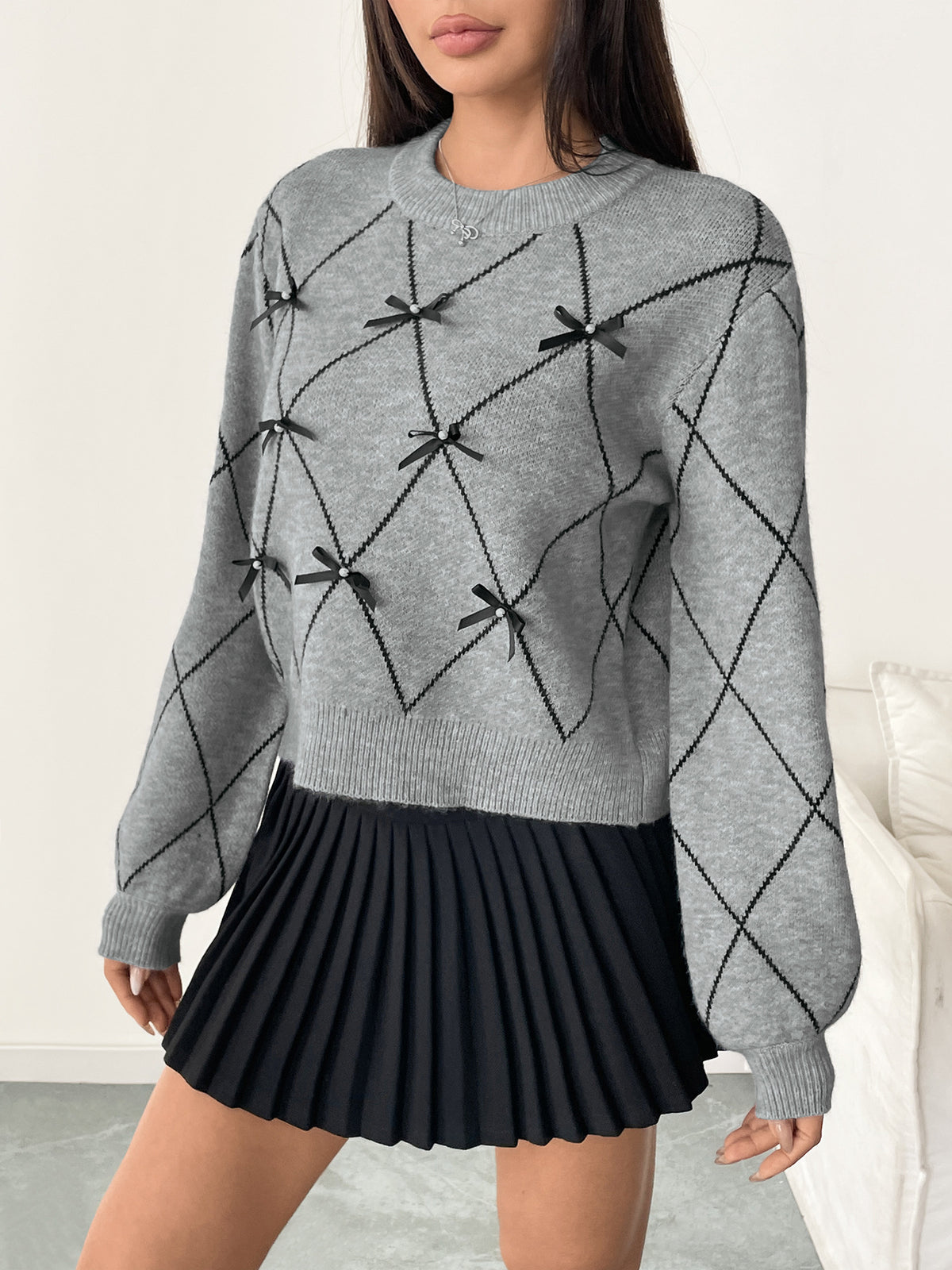 Bow Lattice Argyle Knit Sweater - Grey - 1