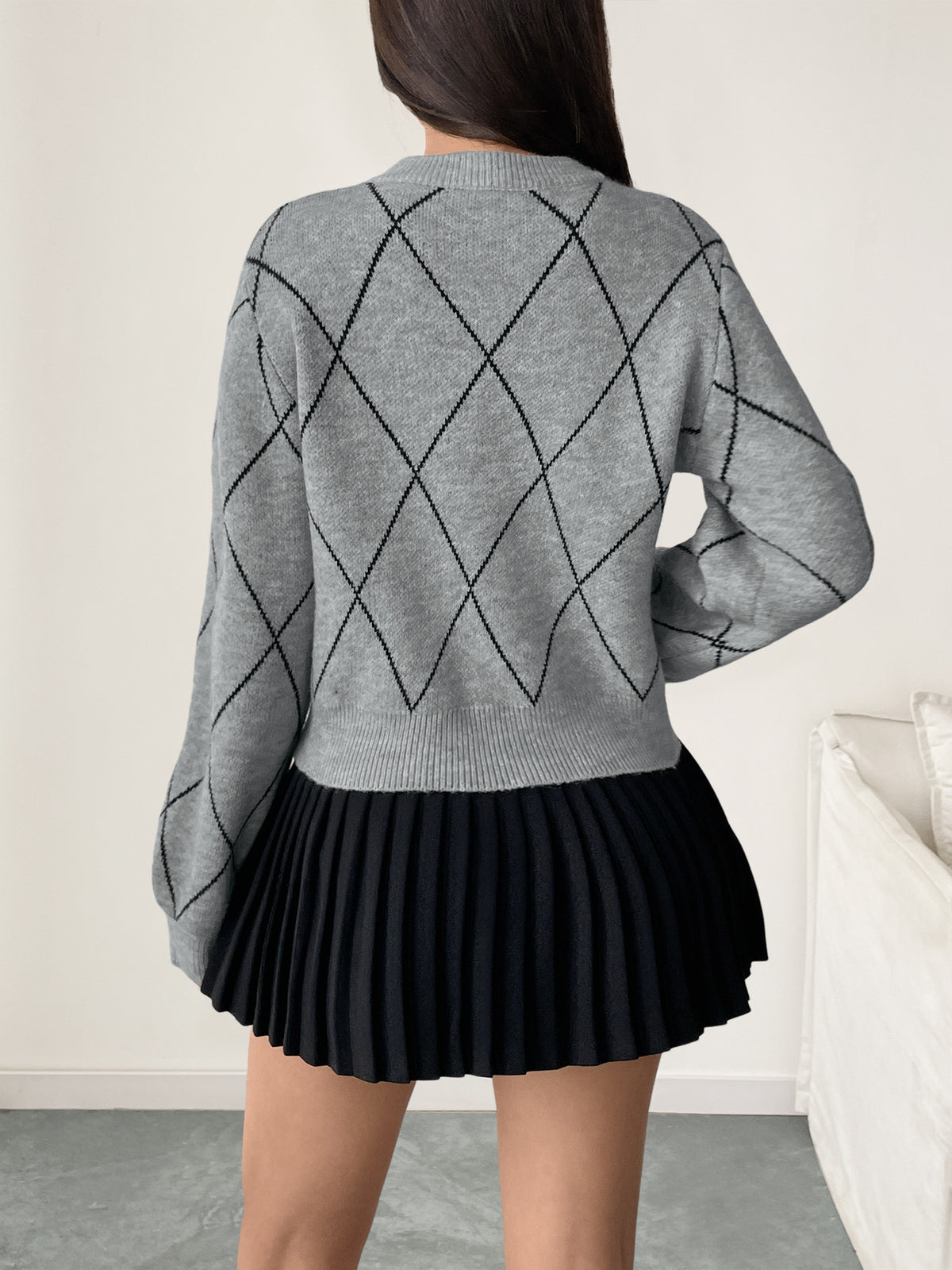 Bow Lattice Argyle Knit Sweater - Grey - 2